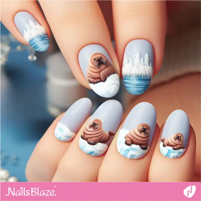 Seals Design on Matte French Nails | Polar Wonders Nails - NB3167